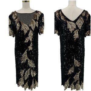 VTG Sho Max Milan Paris 100% Silk Black Gold Leaf Beading Sequins Elegant Dress